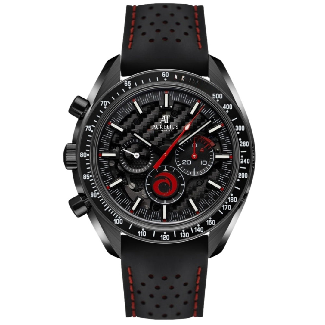 Dark Chronograph 44 – Black Skeleton Dial with Red Accents | Black Case & Black Rubber Strap