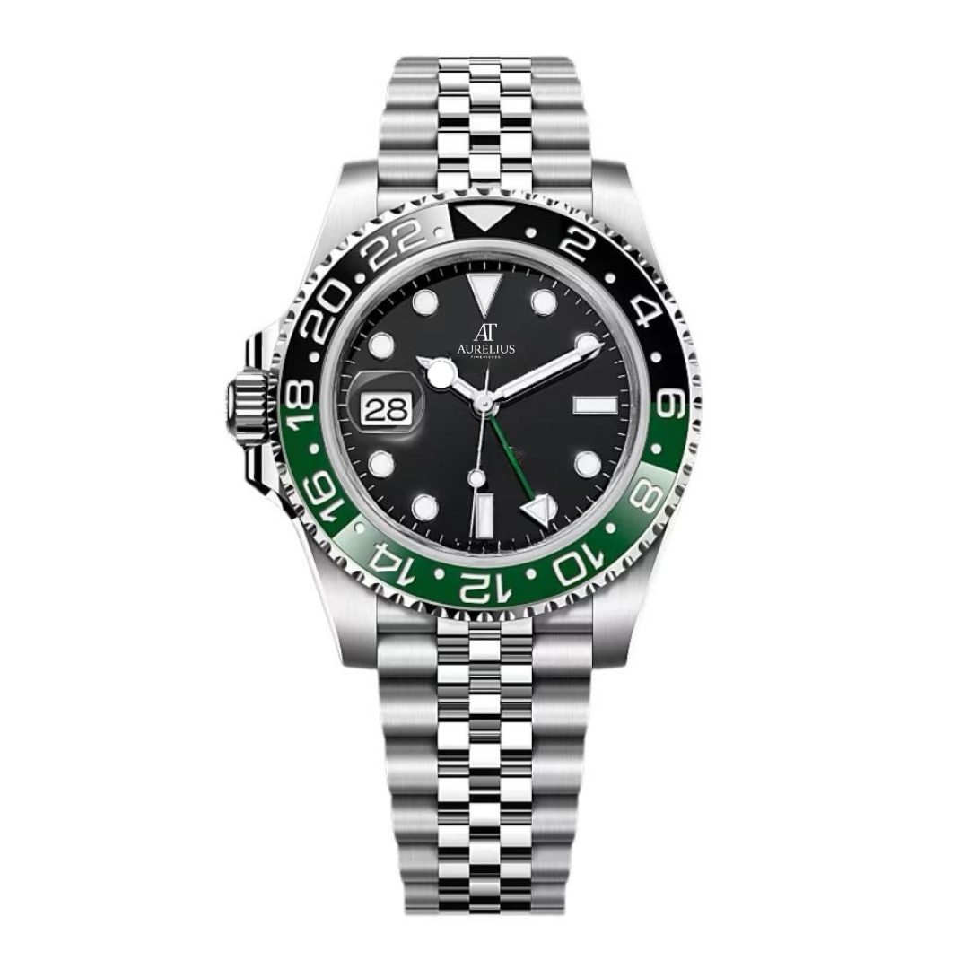 Dual Time 40 – Black Dial | Steel Bracelet & Green-Black Ceramic Bezel