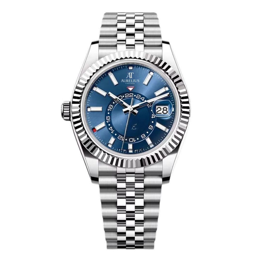 Global Traveller 42 – Blue Sunburst Dial | Stainless Steel Jubilee Bracelet & Fluted Bezel