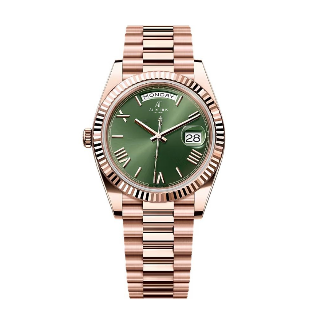 Executive Day-Date 40 – Green Sunburst Dial | Rose Gold Tone President Bracelet & Fluted Bezel