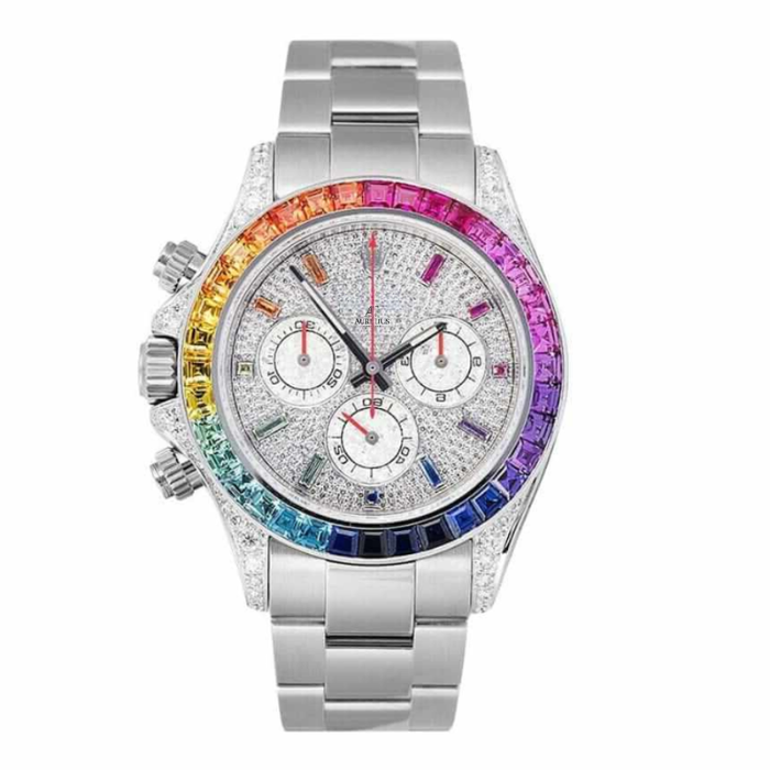 Chronograph 40 – White Diamond Dial | Silver Tone Bracelet & Rainbow Gem Bezel