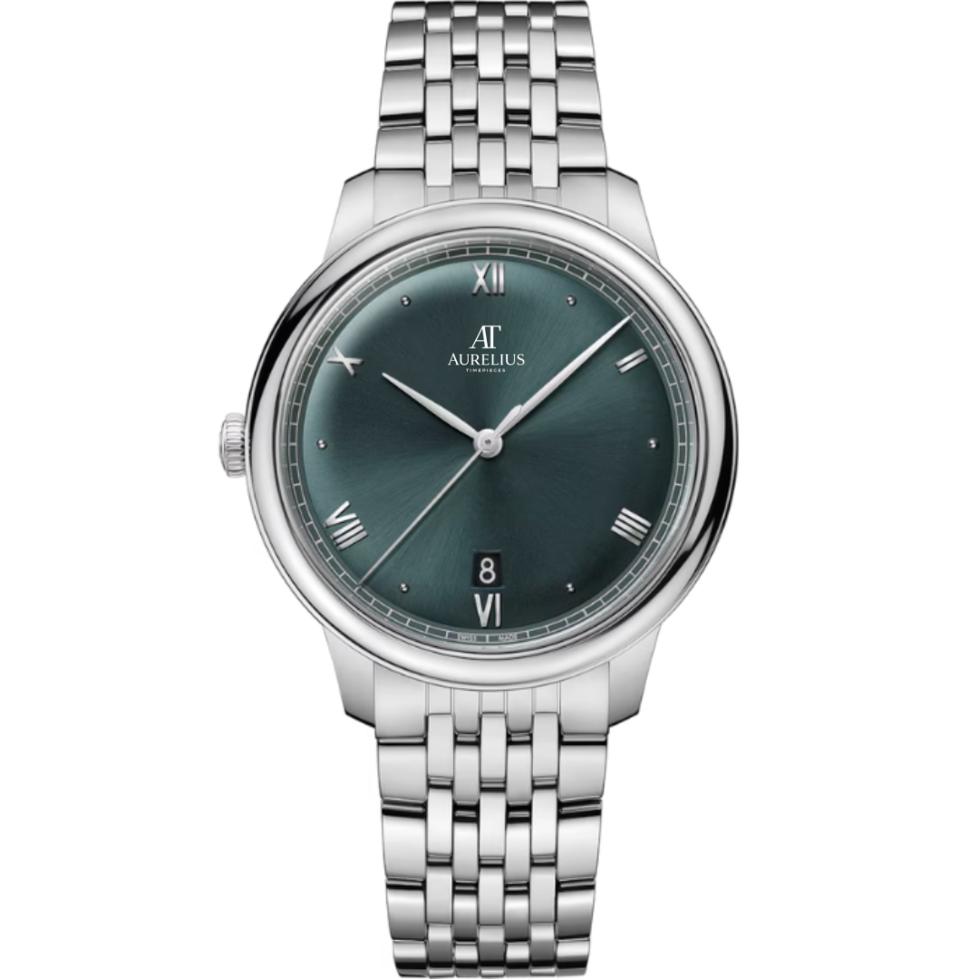 Classic Prestige 40 – Olive Green Sunburst Dial | Steel Multi-Link Bracelet