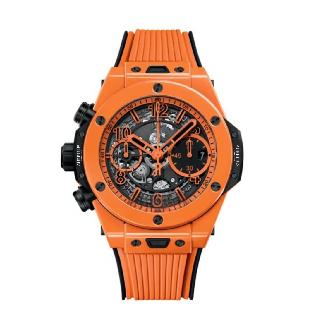 Fusion Chronograph 42 – Black Skeleton Dial | Orange Ceramic Case & Black Rubber Strap