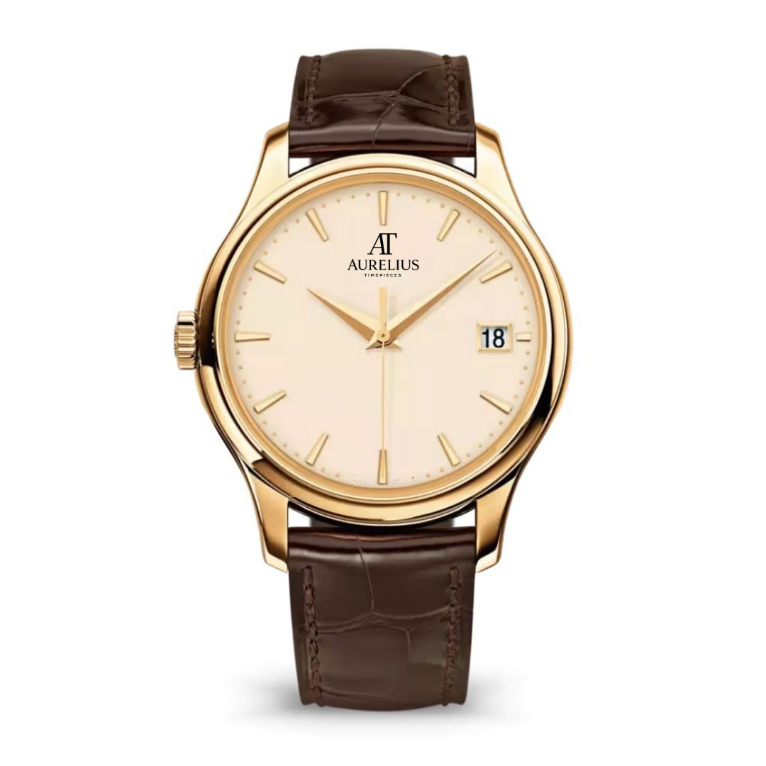 Classic 39 – Ivory Dial | Gold Tone Case & Brown Leather Strap